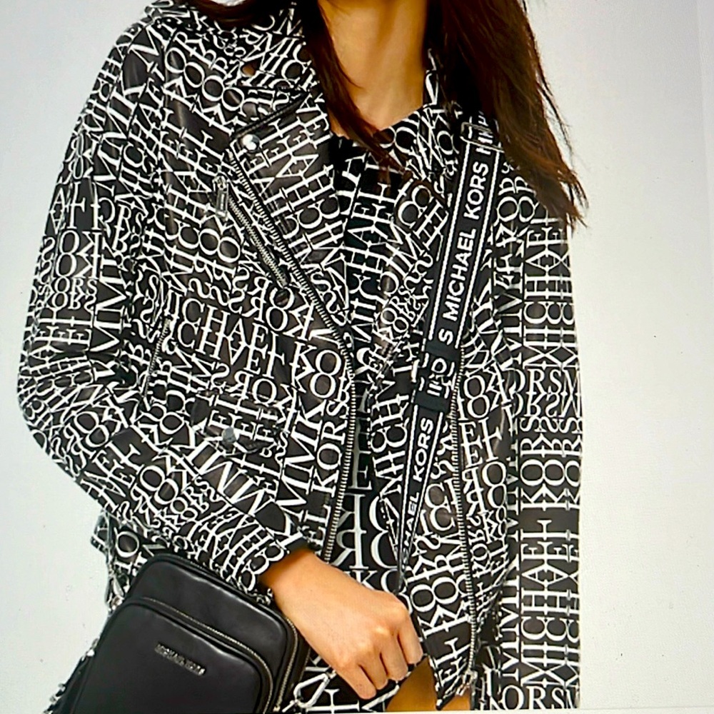 Michael Kors newsprint logo leather Moto jacket